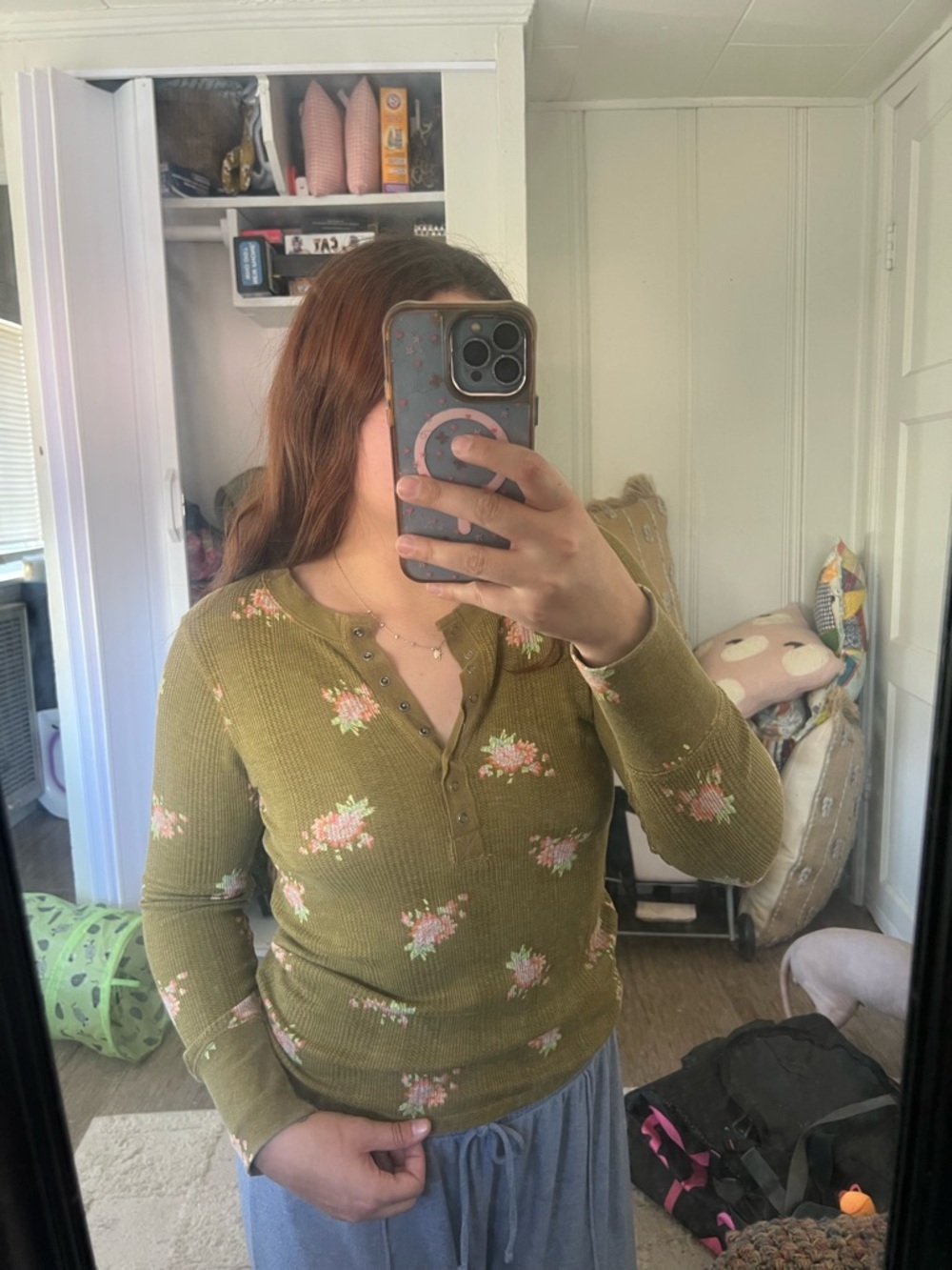 Olive Green Floral Henley Long Sleeve Top
